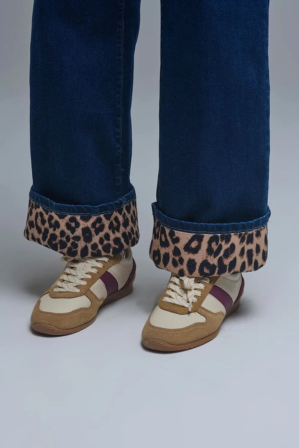 Marine Style Jeans With Contrasting Leopard Folded Hem - Jeans