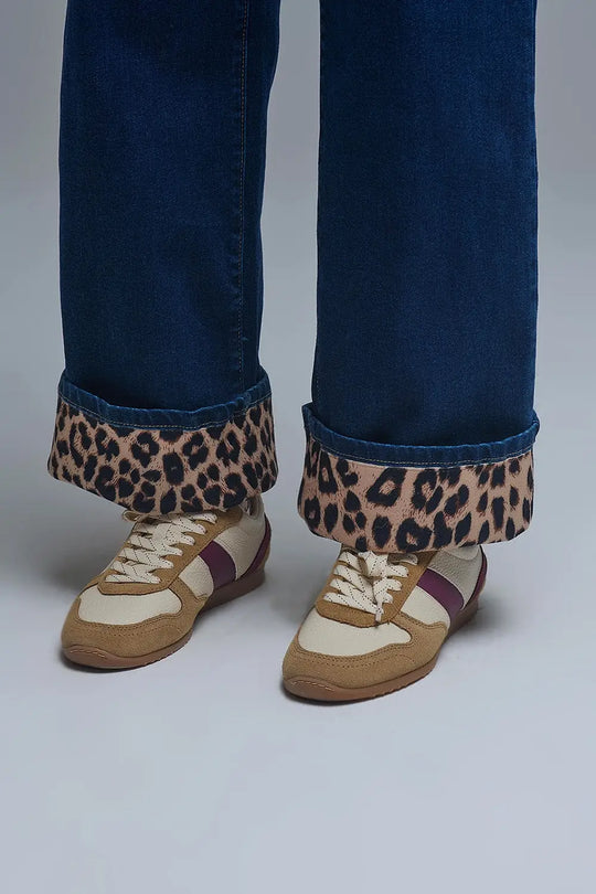 Marine Style Jeans With Contrasting Leopard Folded Hem - Jeans