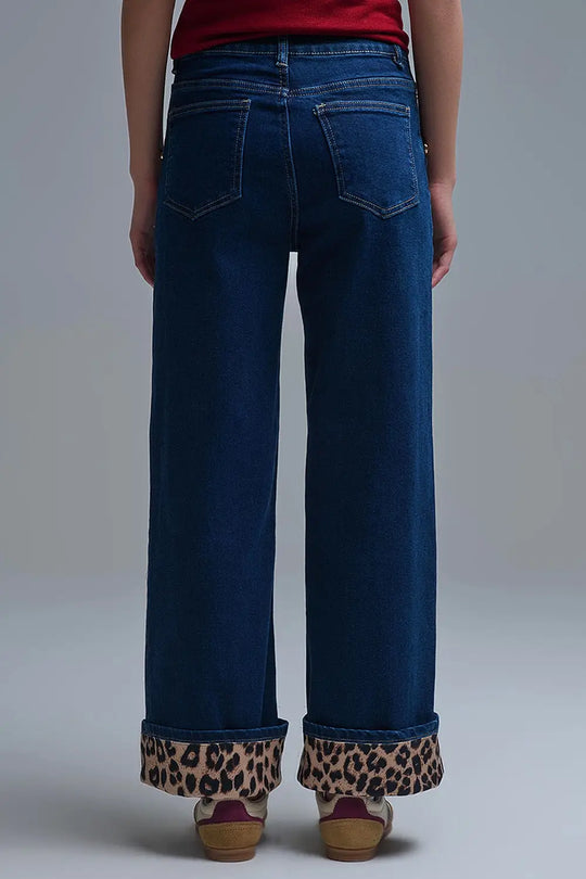 Marine Style Jeans With Contrasting Leopard Folded Hem - Jeans
