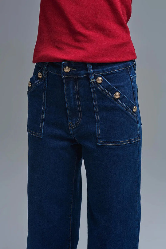 Marine Style Jeans With Contrasting Leopard Folded Hem - Jeans