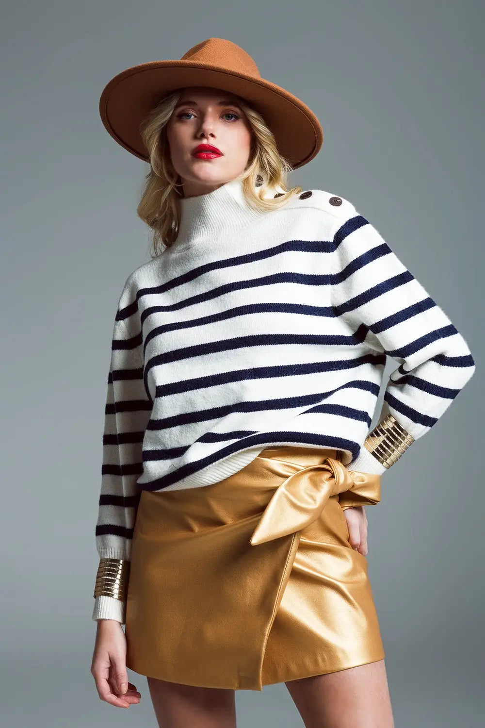 Marine Style Sweater With Turtle Neck and Button Detail at Neck In White and Navy - Sweaters