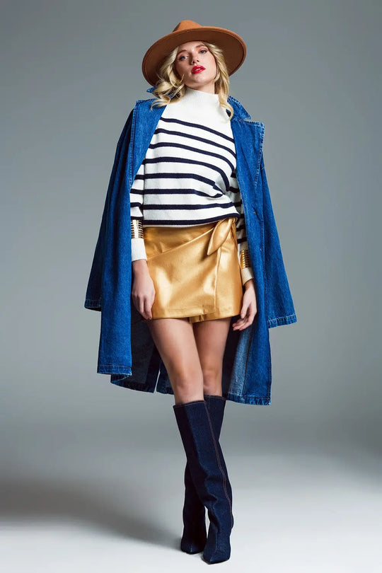 Marine Style Sweater With Turtle Neck and Button Detail at Neck In White and Navy - Sweaters