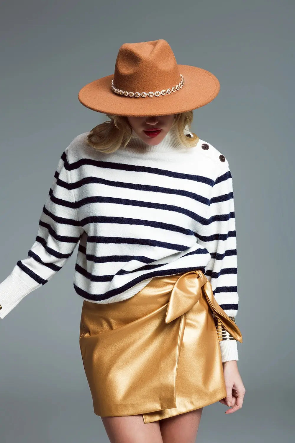 Marine Style Sweater With Turtle Neck and Button Detail at Neck In White and Navy - Sweaters