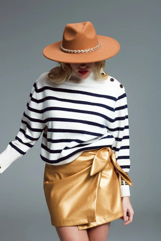 Marine Style Sweater With Turtle Neck and Button Detail at Neck In White and Navy - Sweaters