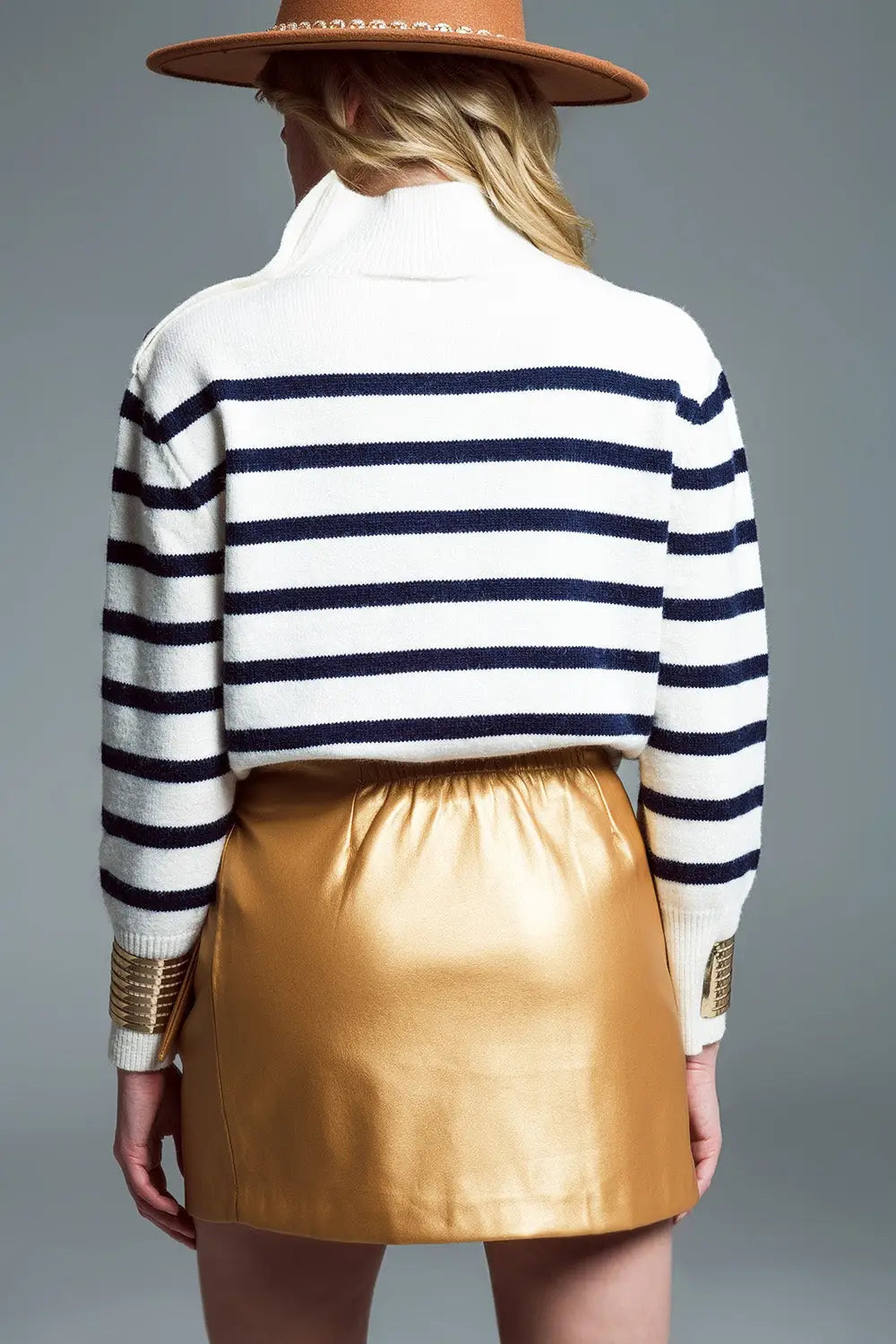 Marine Style Sweater With Turtle Neck and Button Detail at Neck In White and Navy - Sweaters