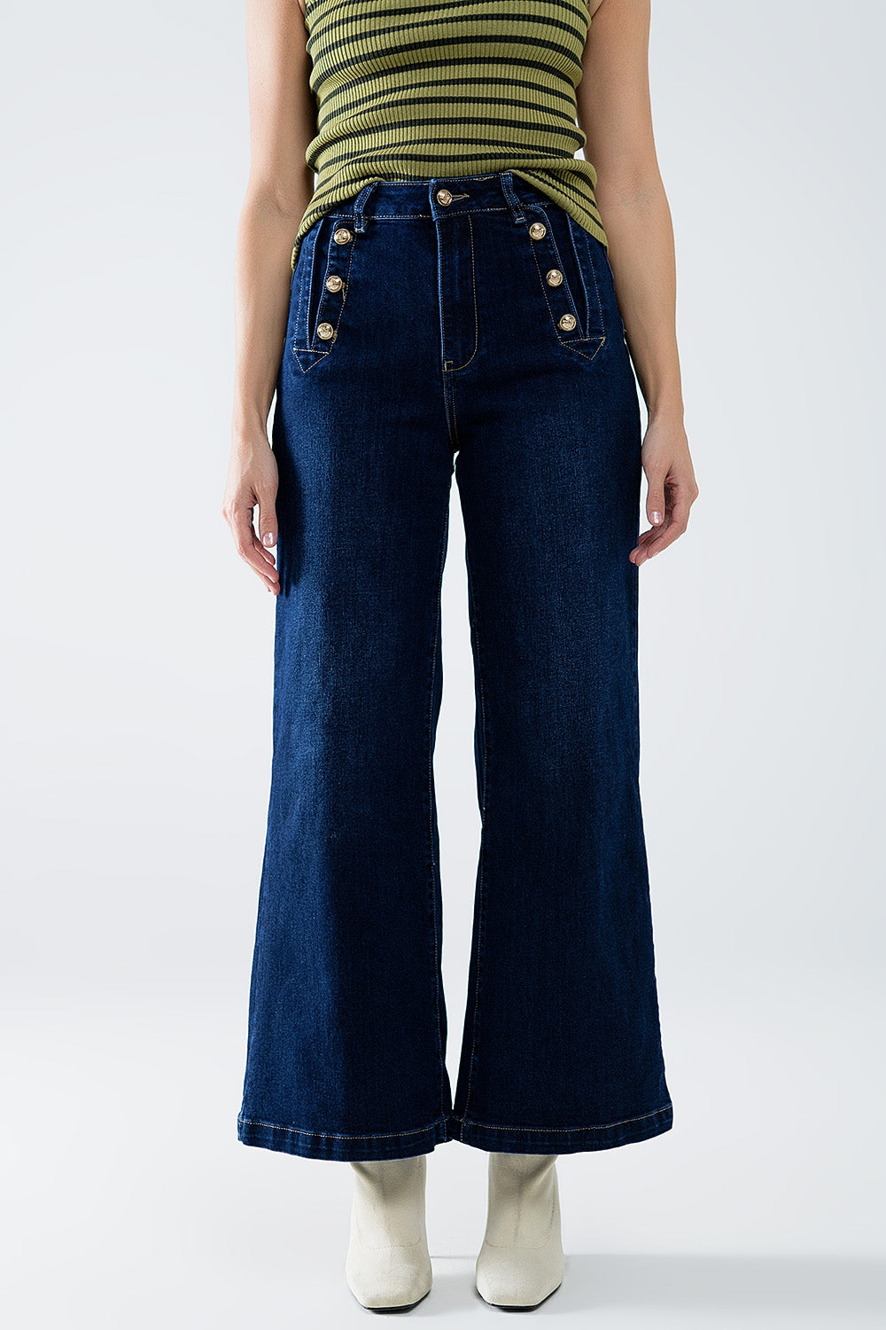 Q2 Marine-style Wide Leg Jeans With Gold Buttons