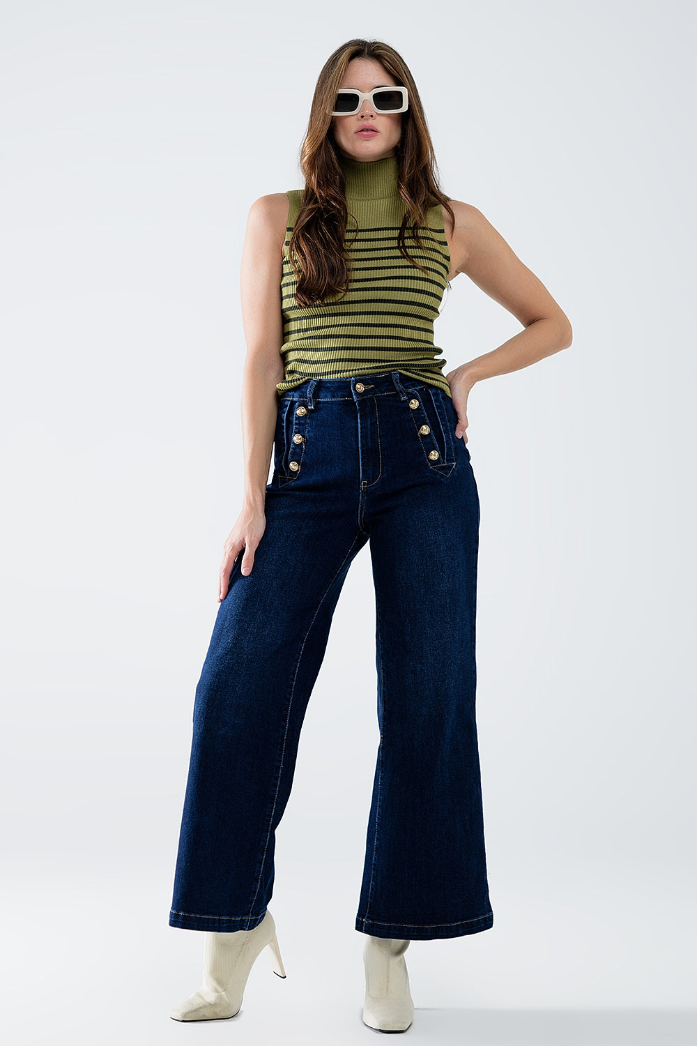 Marine-style Wide Leg Jeans With Gold Buttons