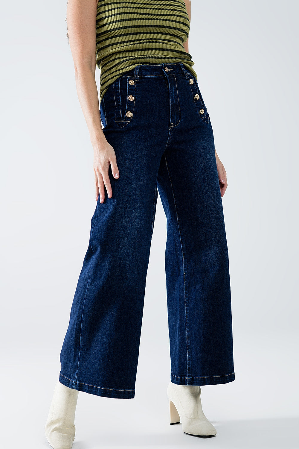 Marine-style Wide Leg Jeans With Gold Buttons