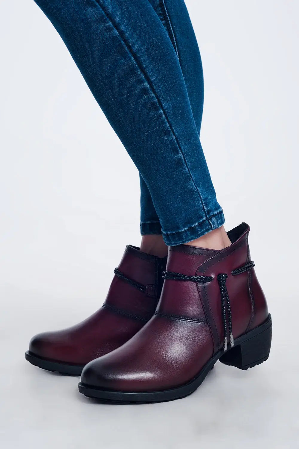 Maroon blocked mid heeled ankle boots with round toe - Shoes