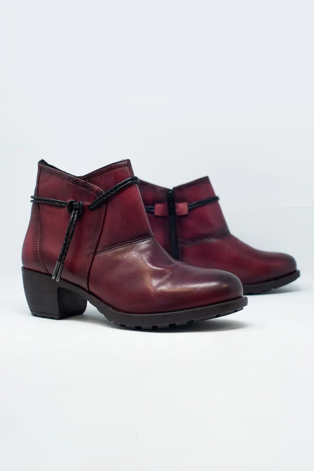 Maroon blocked mid heeled ankle boots with round toe - Shoes