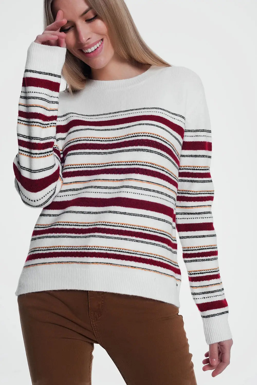 Q2 Maroon knitted sweater with stripes