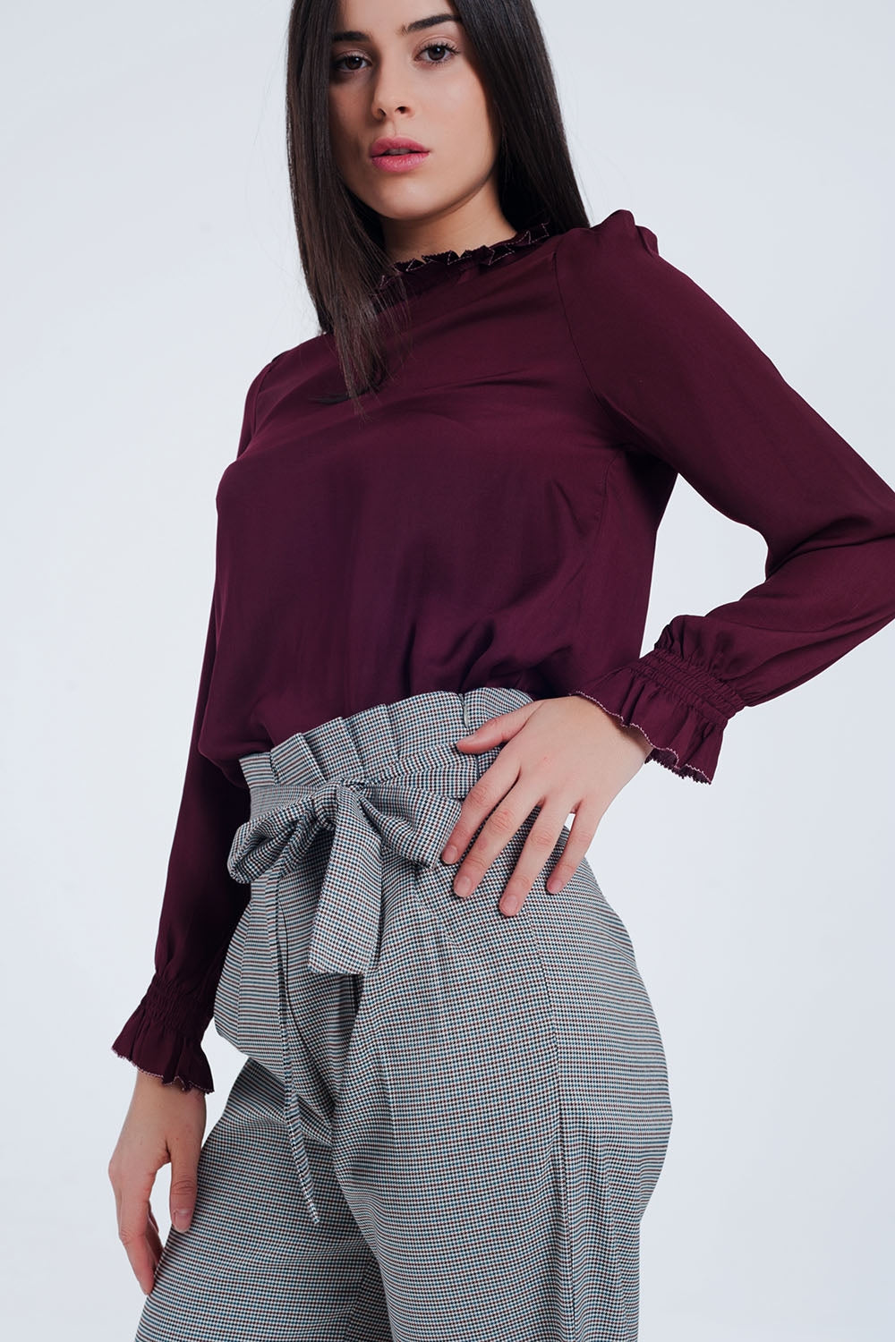 Q2 Maroon shirt with neck and sleeve detailed ends