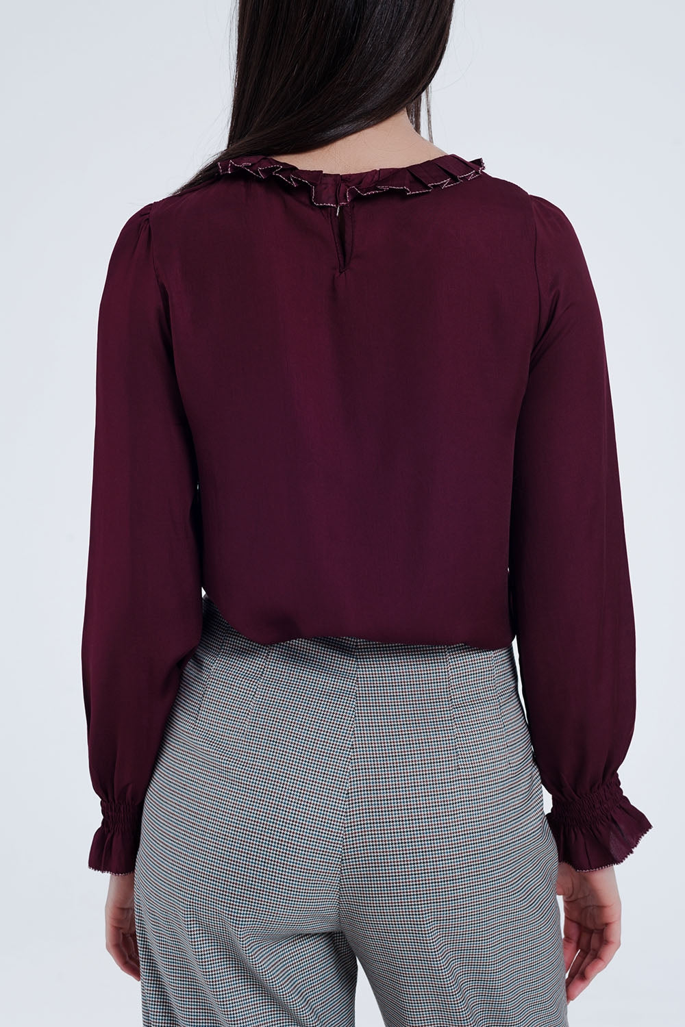 Maroon shirt with neck and sleeve detailed ends