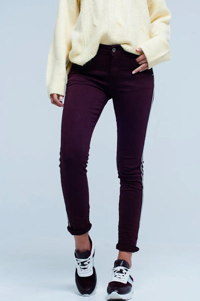 Maroon skinny jeans with metal side stripe - Jeans