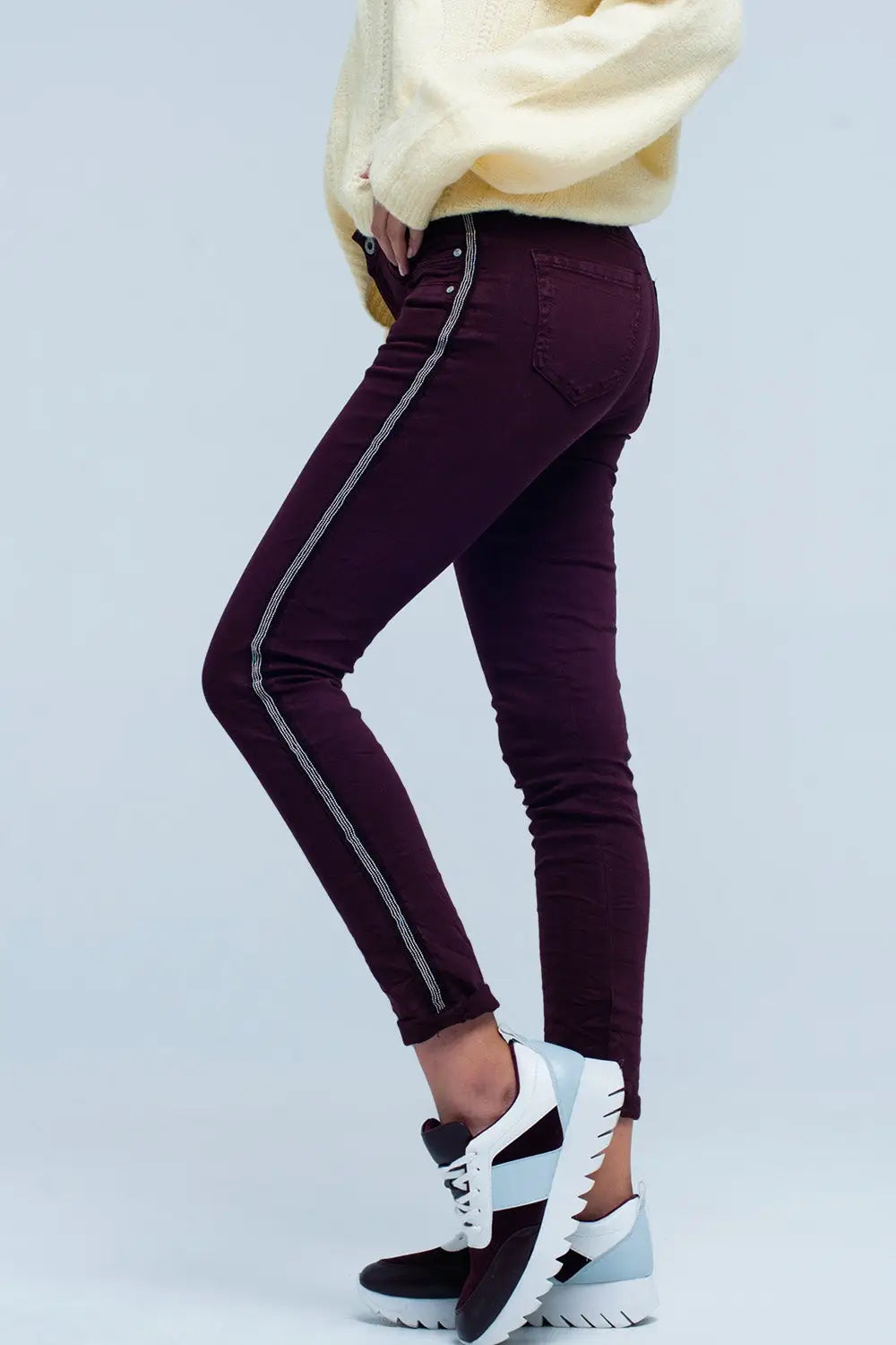 Maroon skinny jeans with metal side stripe - Jeans