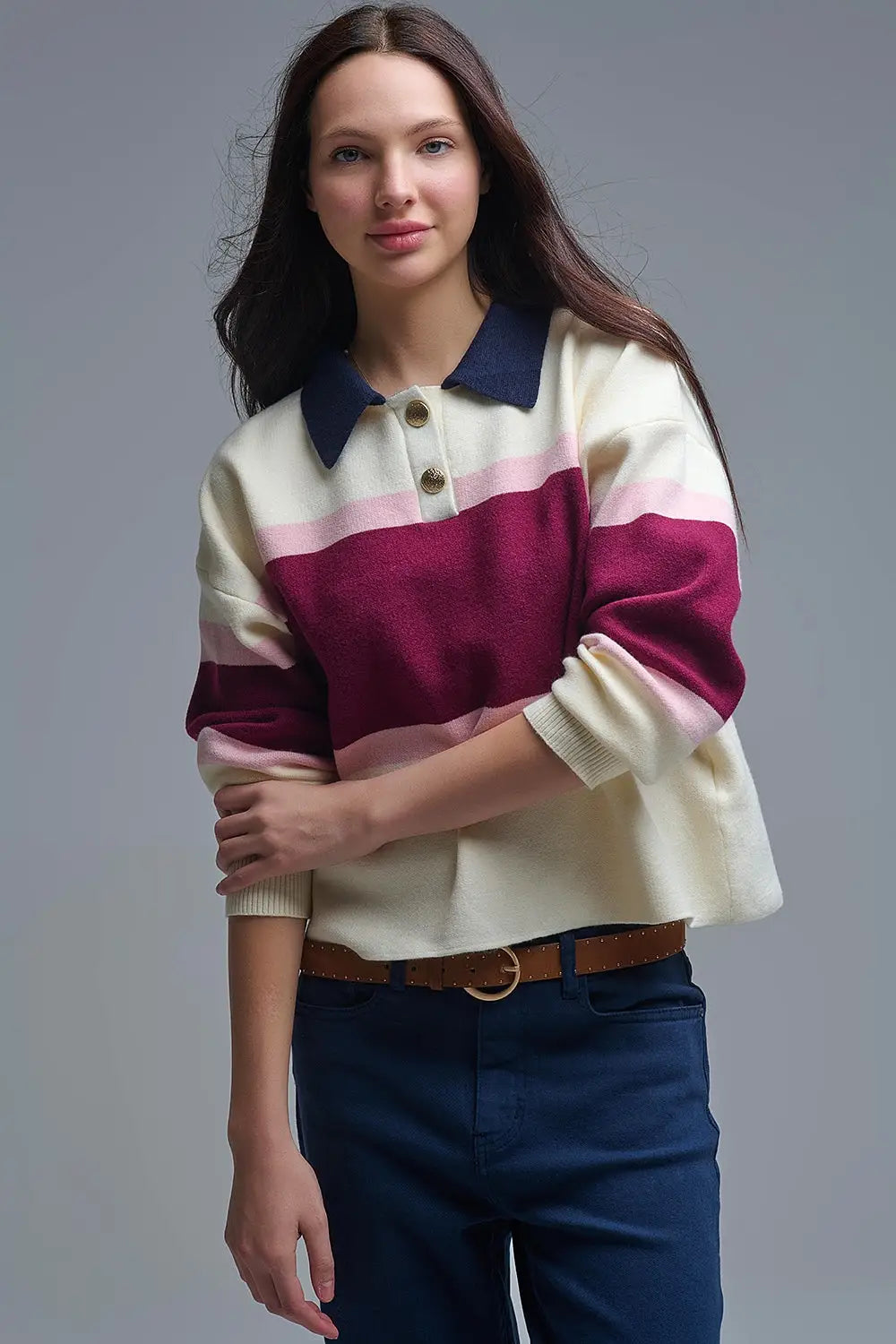 Maroon Striped Knit Sweater with Button Details - One Size / Red - Sweaters