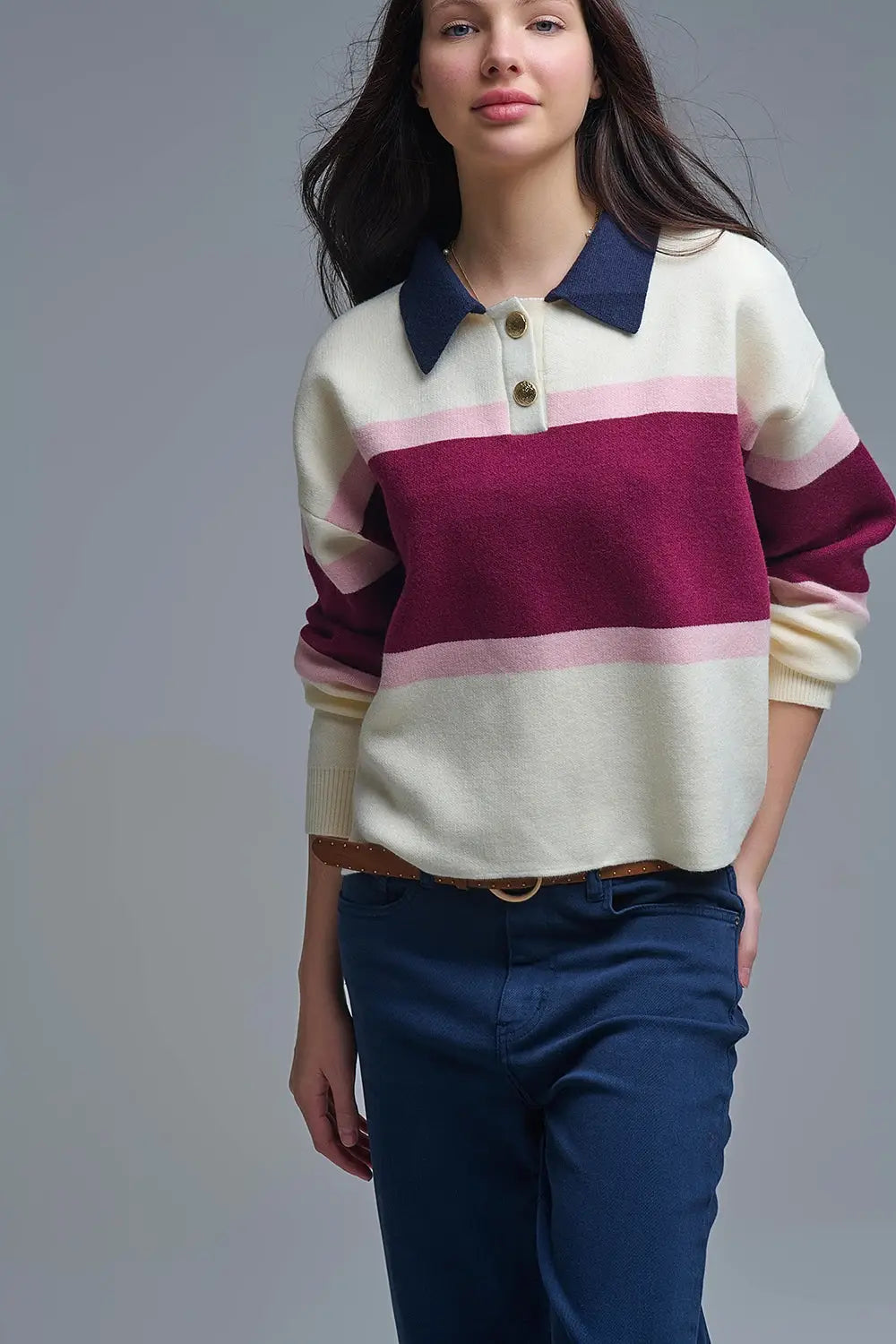 Maroon Striped Knit Sweater with Button Details - One Size / Red - Sweaters