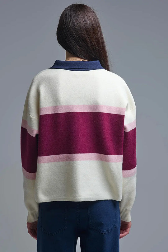 Maroon Striped Knit Sweater with Button Details - One Size / Red - Sweaters
