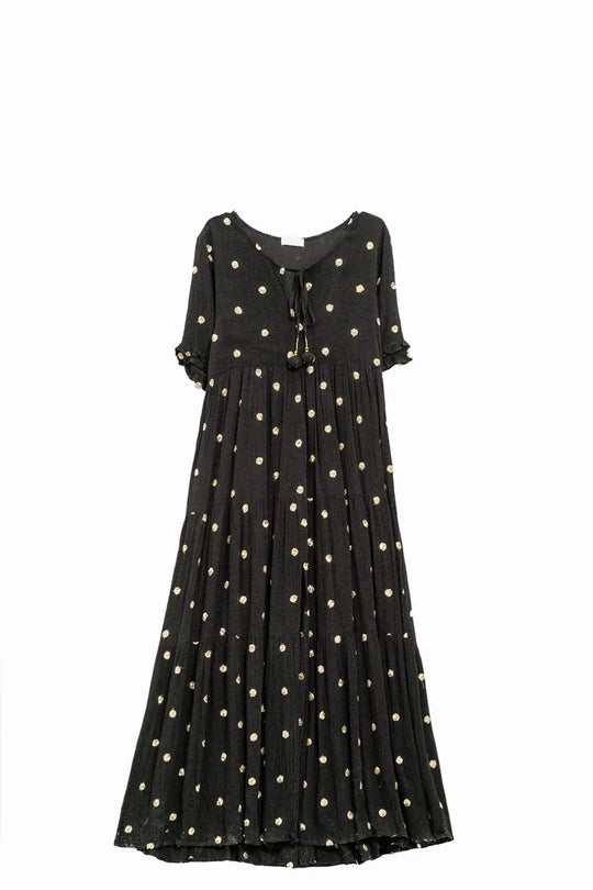 Q2 Maxi A-line Dress in Black with Gold Sequin Cirkels