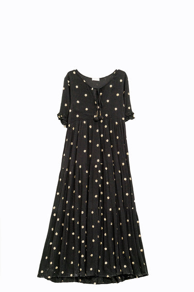 Q2 Maxi A-line Dress in Black with Gold Sequin Cirkels