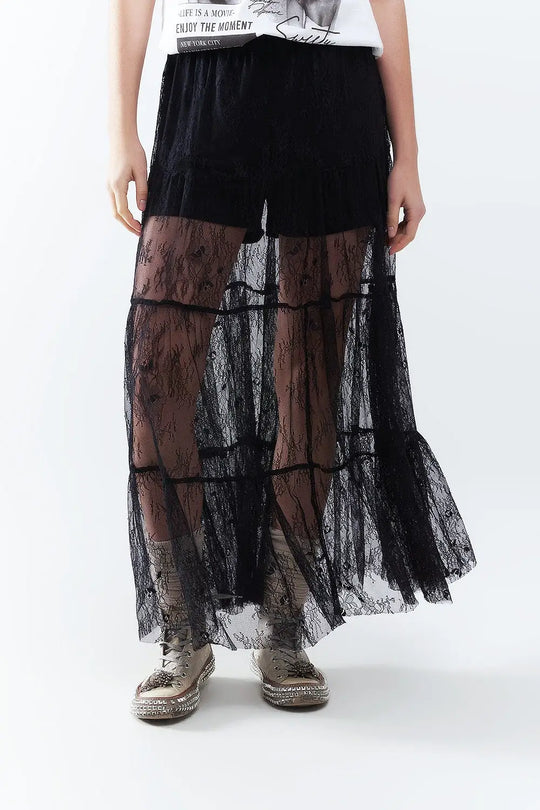 Maxi Black Lace Skirt with Floral Print - Skirts