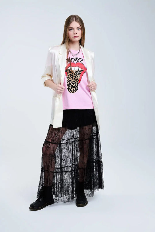 Maxi Black Lace Skirt with Floral Print - Skirts