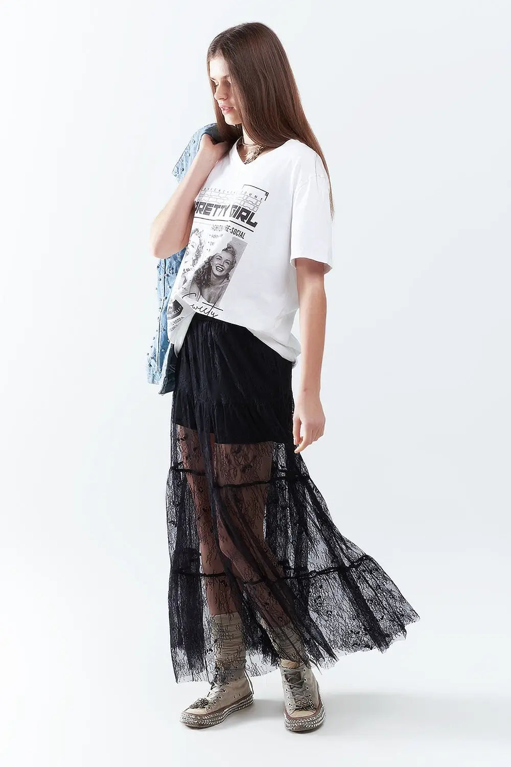 Maxi Black Lace Skirt with Floral Print - Skirts