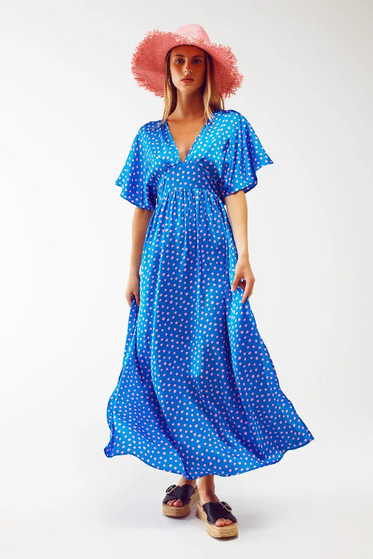 Maxi Cinched At The Waist Dress With Angel Sleeves In Blue Polka Dot - Dresses