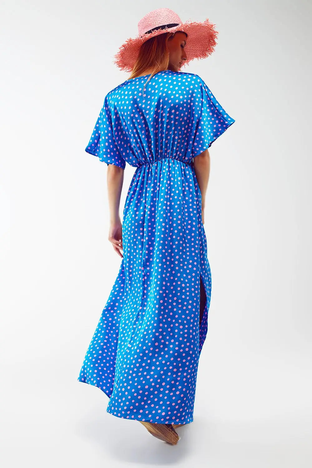 Maxi Cinched At The Waist Dress With Angel Sleeves In Blue Polka Dot - Dresses
