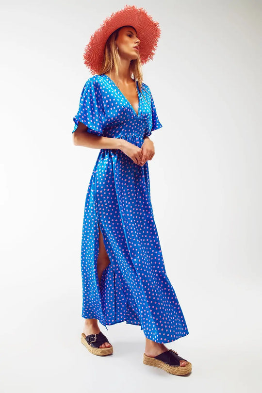 Maxi Cinched At The Waist Dress With Angel Sleeves In Blue Polka Dot - Dresses