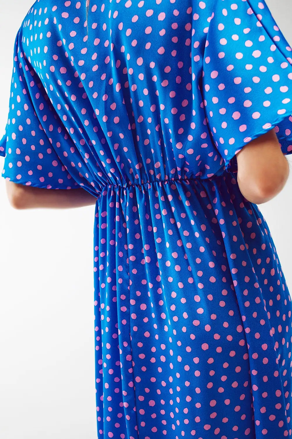 Maxi Cinched At The Waist Dress With Angel Sleeves In Blue Polka Dot - Dresses
