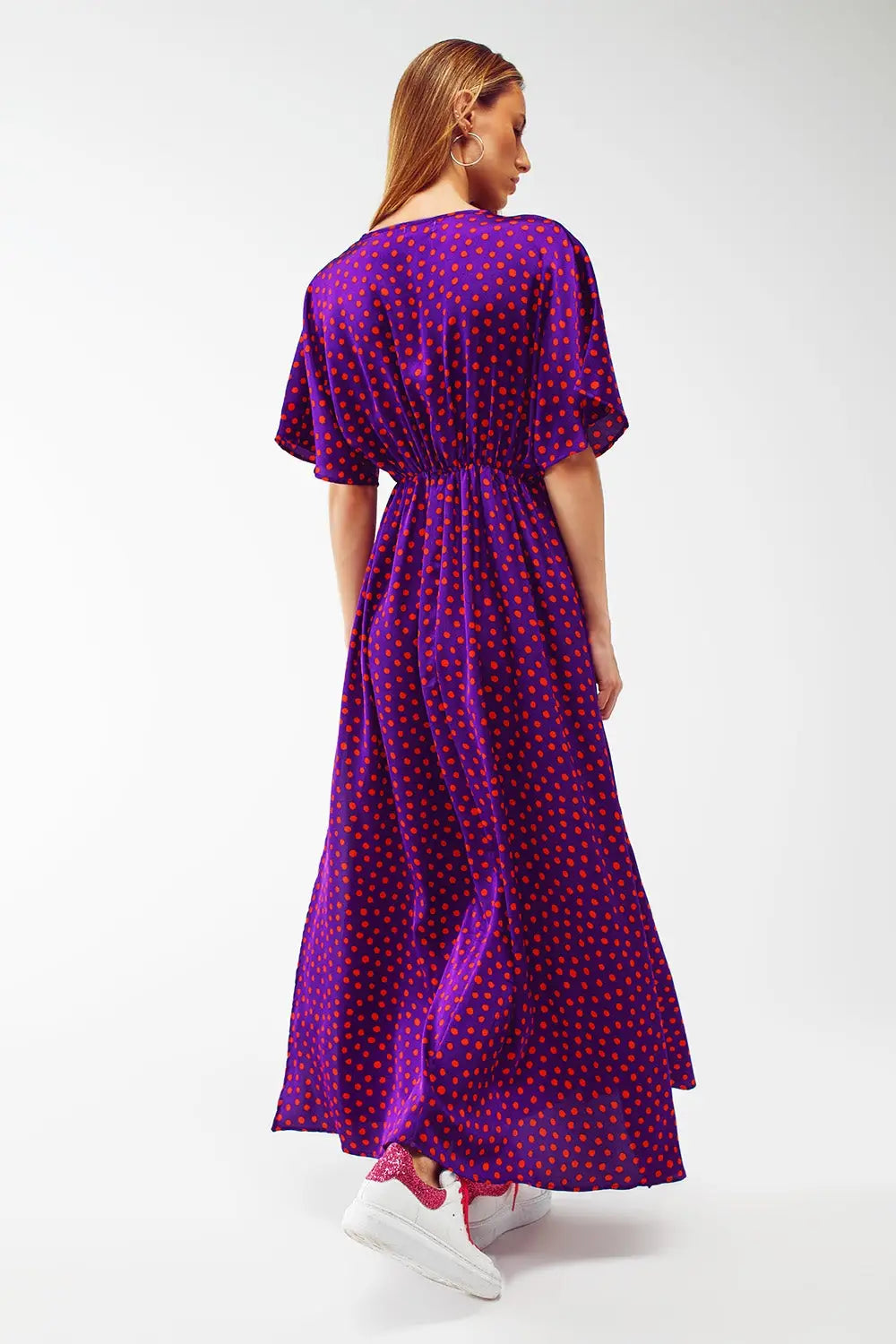Maxi Cinched At The Waist Dress With Angel Sleeves In Purple Polka Dot - Dresses