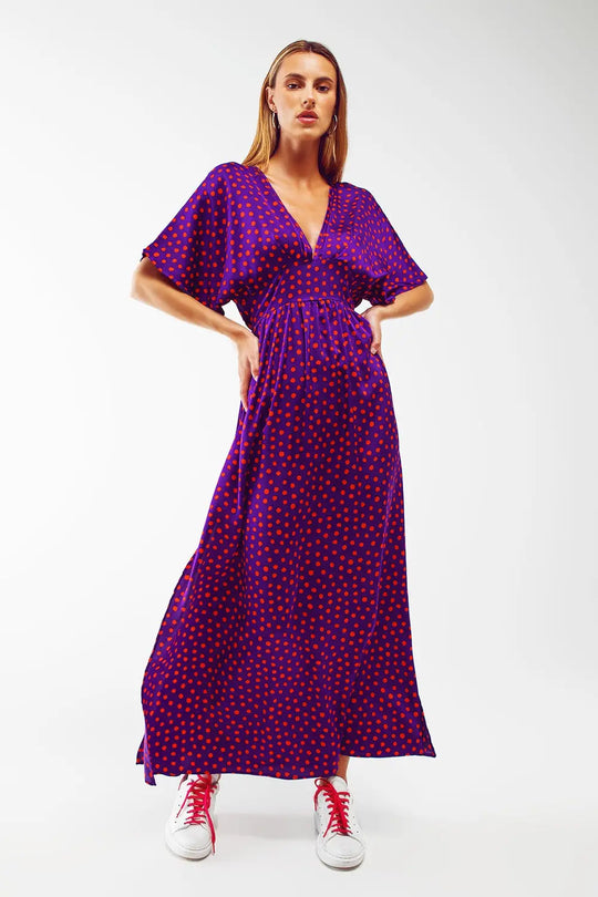 Maxi Cinched At The Waist Dress With Angel Sleeves In Purple Polka Dot - Dresses