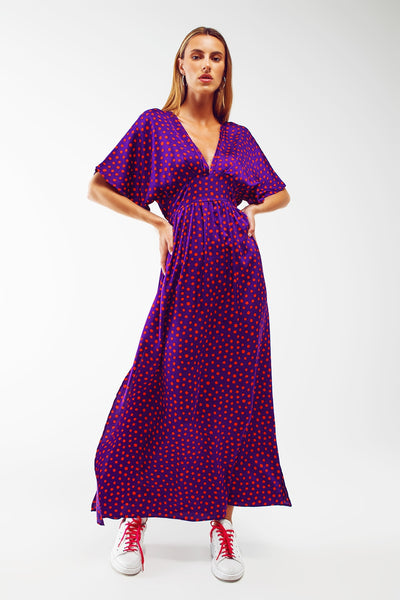 Maxi Cinched At The Waist Dress With Angel Sleeves In Purple Polka Dot