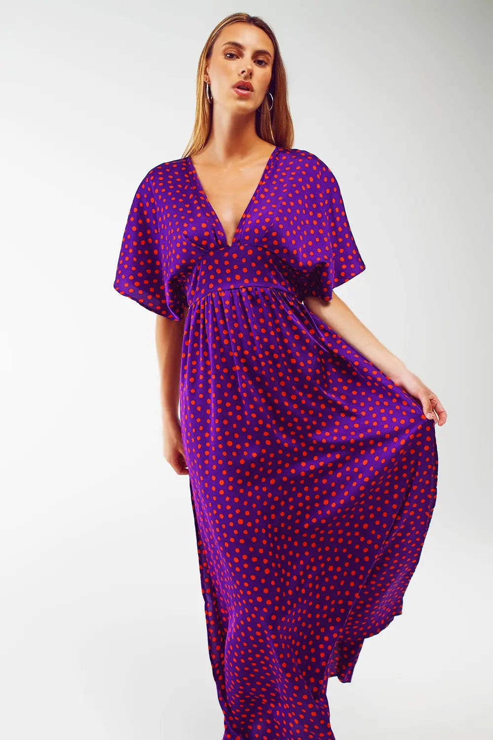 Maxi Cinched At The Waist Dress With Angel Sleeves In Purple Polka Dot - Dresses