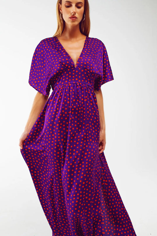 Maxi Cinched At The Waist Dress With Angel Sleeves In Purple Polka Dot - Dresses