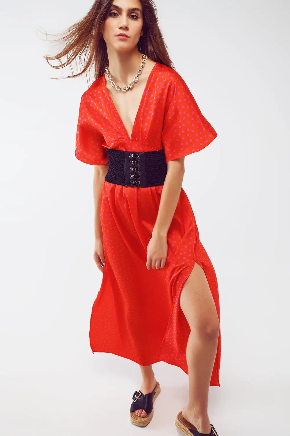 Maxi Cinched At The Waist Dress With Angel Sleeves In Red Polka Dot - Dresses