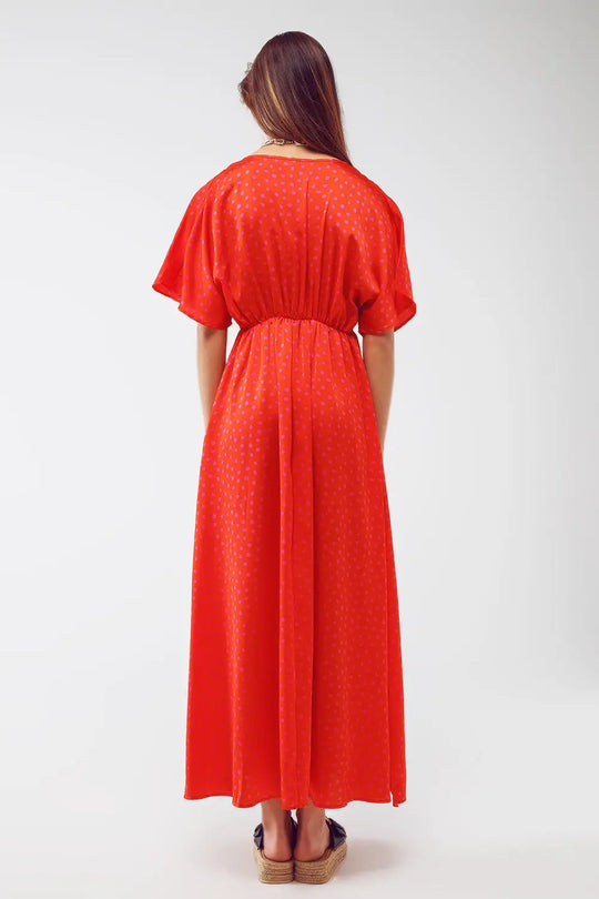 Maxi Cinched At The Waist Dress With Angel Sleeves In Red Polka Dot - Dresses