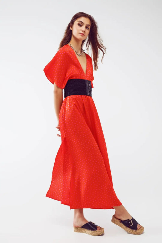 Maxi Cinched At The Waist Dress With Angel Sleeves In Red Polka Dot - Dresses