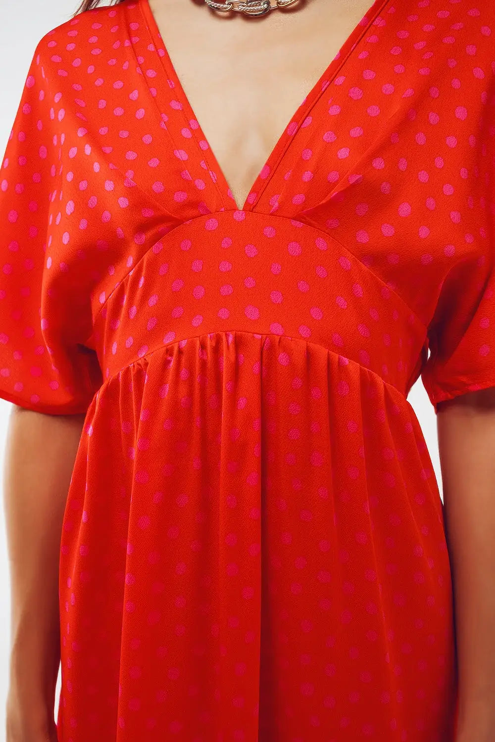 Maxi Cinched At The Waist Dress With Angel Sleeves In Red Polka Dot - Dresses