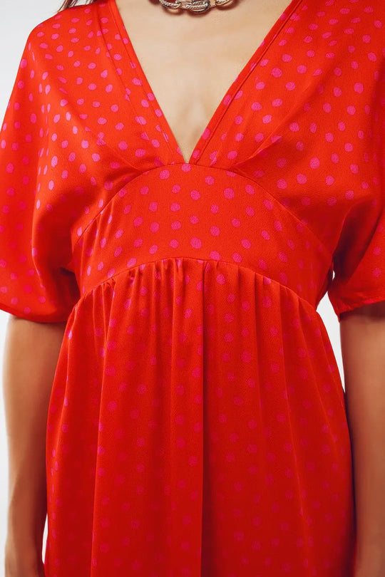 Maxi Cinched At The Waist Dress With Angel Sleeves In Red Polka Dot - Dresses