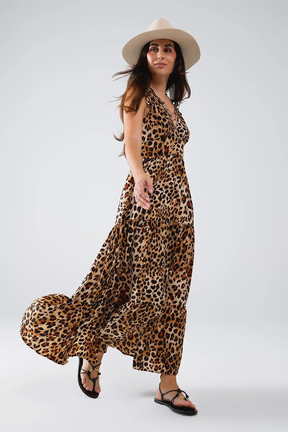 Maxi Cinched Waist Leopard Print Dress - Dresses