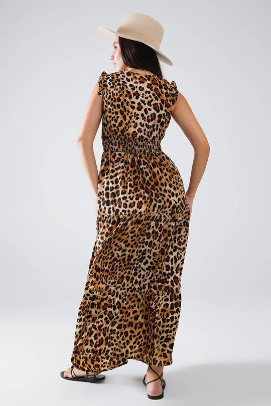 Maxi Cinched Waist Leopard Print Dress - Dresses