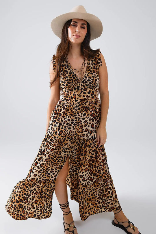 Maxi Cinched Waist Leopard Print Dress - Dresses
