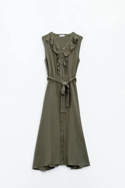 Maxi dress in khaki with ruffle and button detail - Dresses