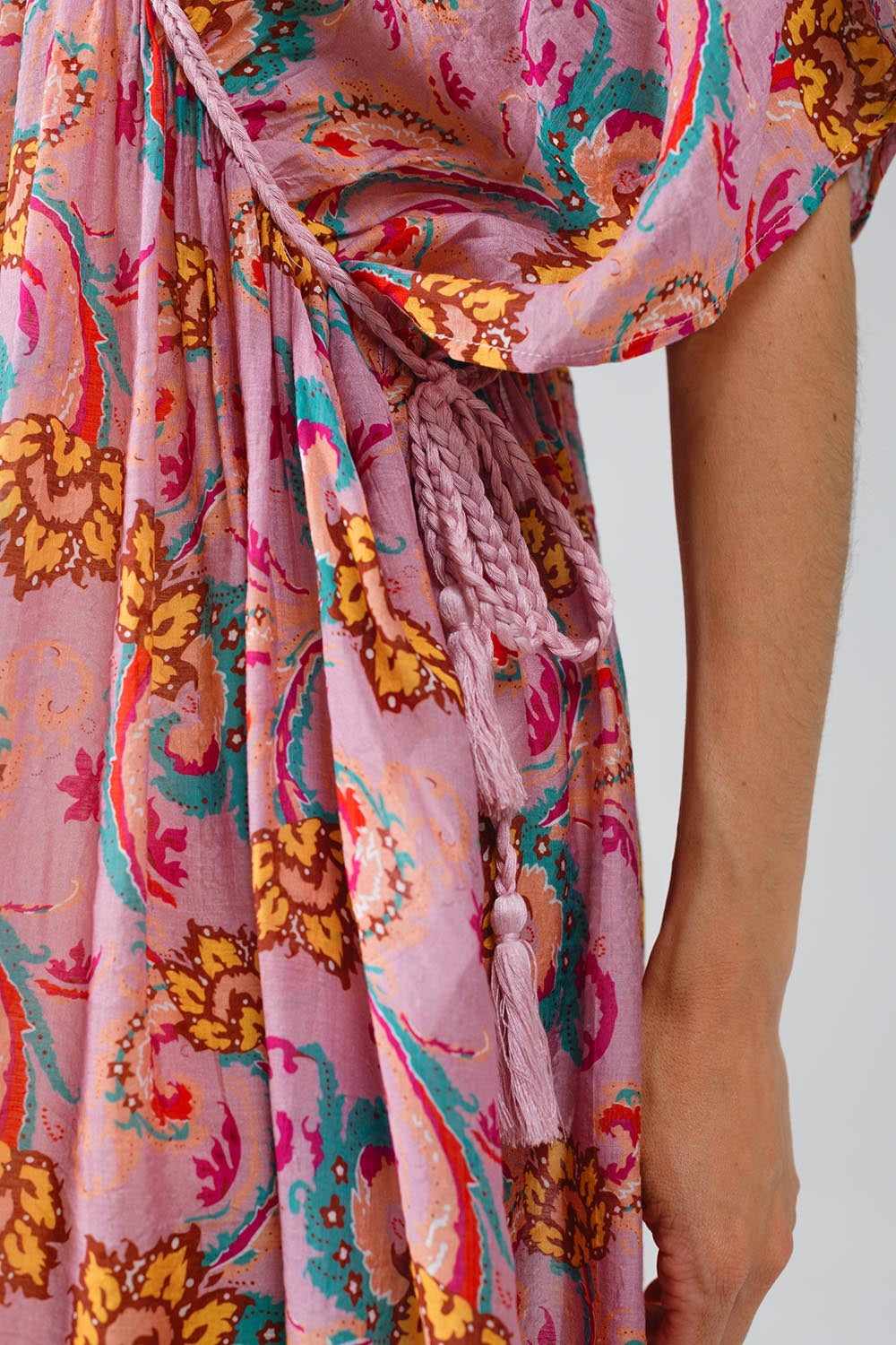 Maxi Dress In Pink With Braided Seams And Flower Print