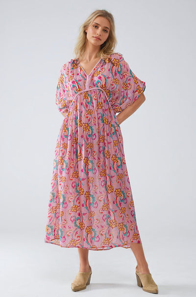 Maxi Dress In Pink With Braided Seams And Flower Print