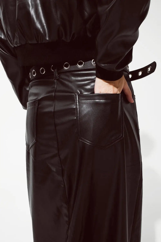 Maxi faux leather skirt with cut at the front - Skirts