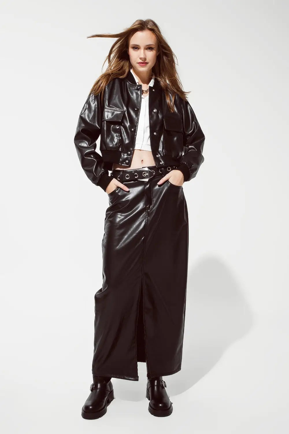 Maxi faux leather skirt with cut at the front - Skirts