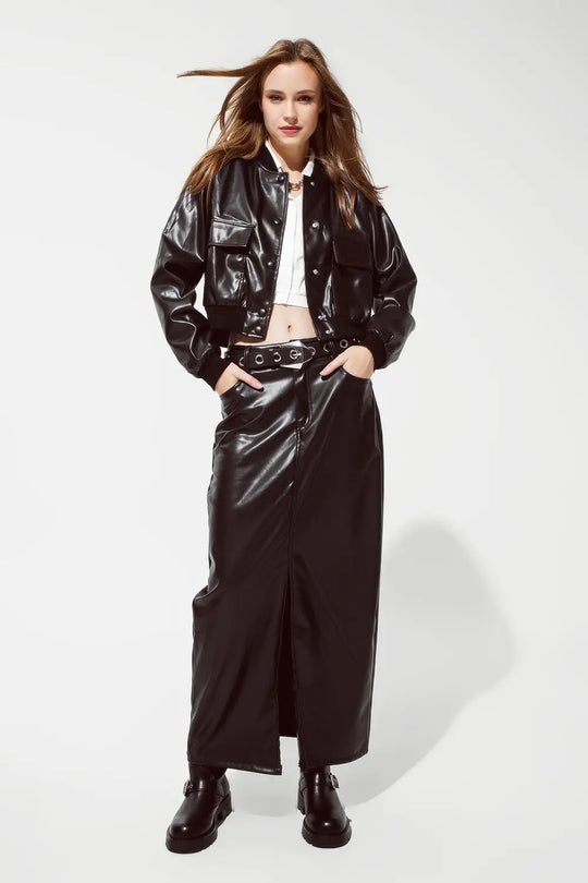 Maxi faux leather skirt with cut at the front - Skirts